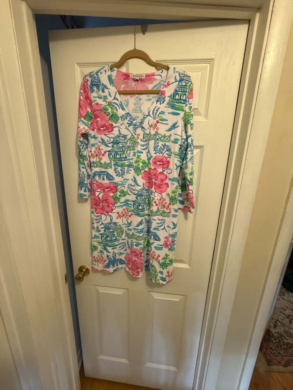 Tabi Women's Chinoiserie Pagoda and Floral Print V-Neck 3/4 Sleeve Dress Size XL